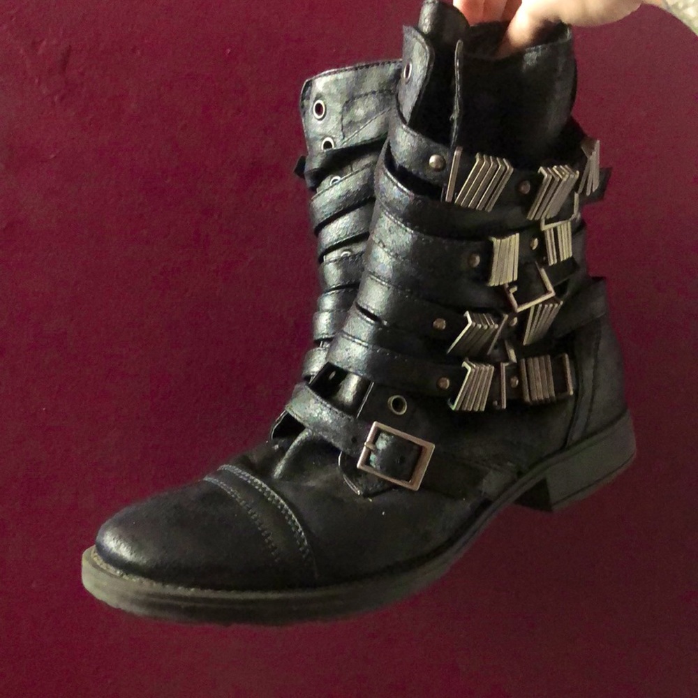 Black faux leather rocker moto zip up shoes with buckles.